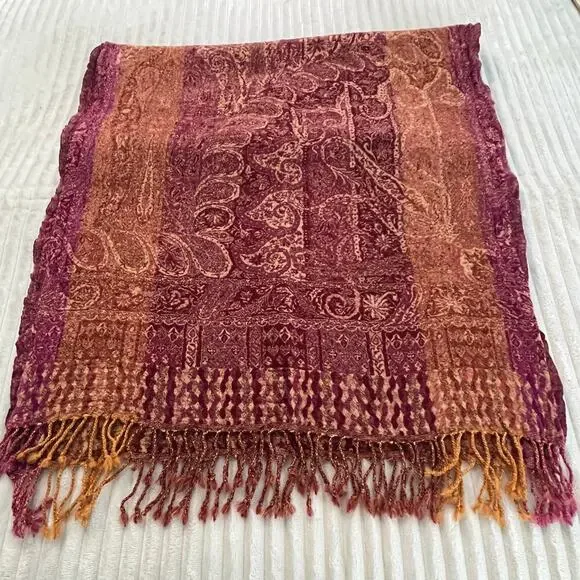 LUCKY Scares scarfs paisley print Fringes Boho Hippie red/gold Wool one size - Picture 3 of 7